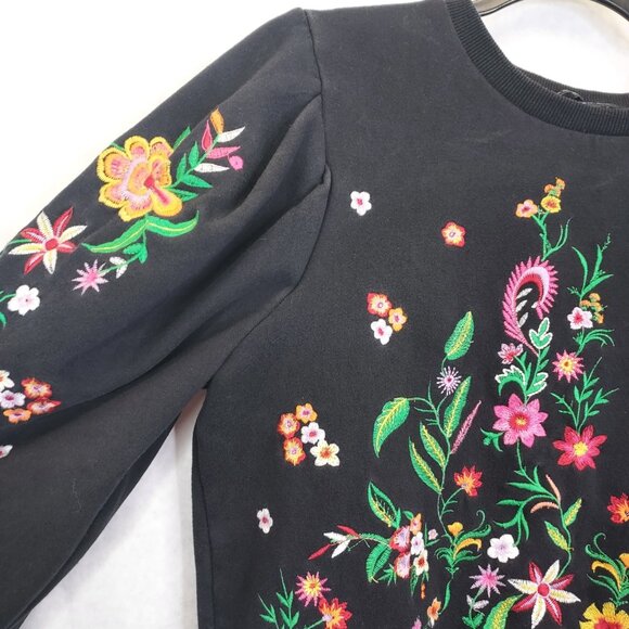 Zara Embroidered Floral Sweatshirt Women S Puff Sleeve Granny Preppy Heritage - Picture 2 of 13